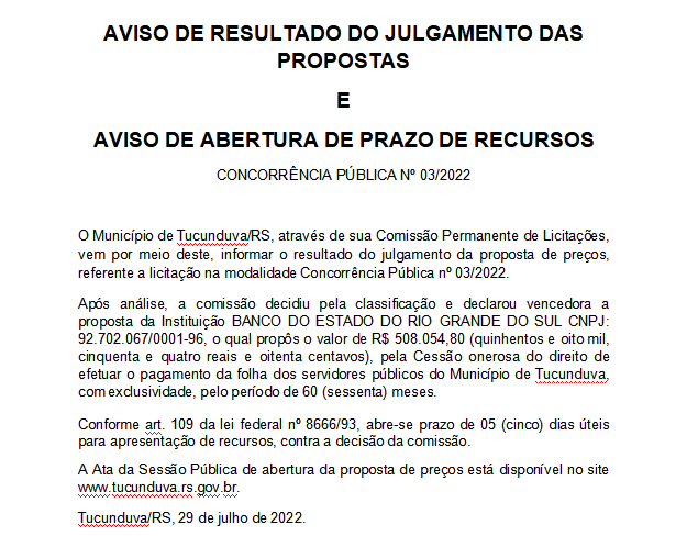 AVISO DE RESULTADO E ABERTURA DE PRAZO DE RECURSOS - CONCORRÊNCIA PÚBLICA Nº 03_2022  - FOLHA DE PAGAMENTO